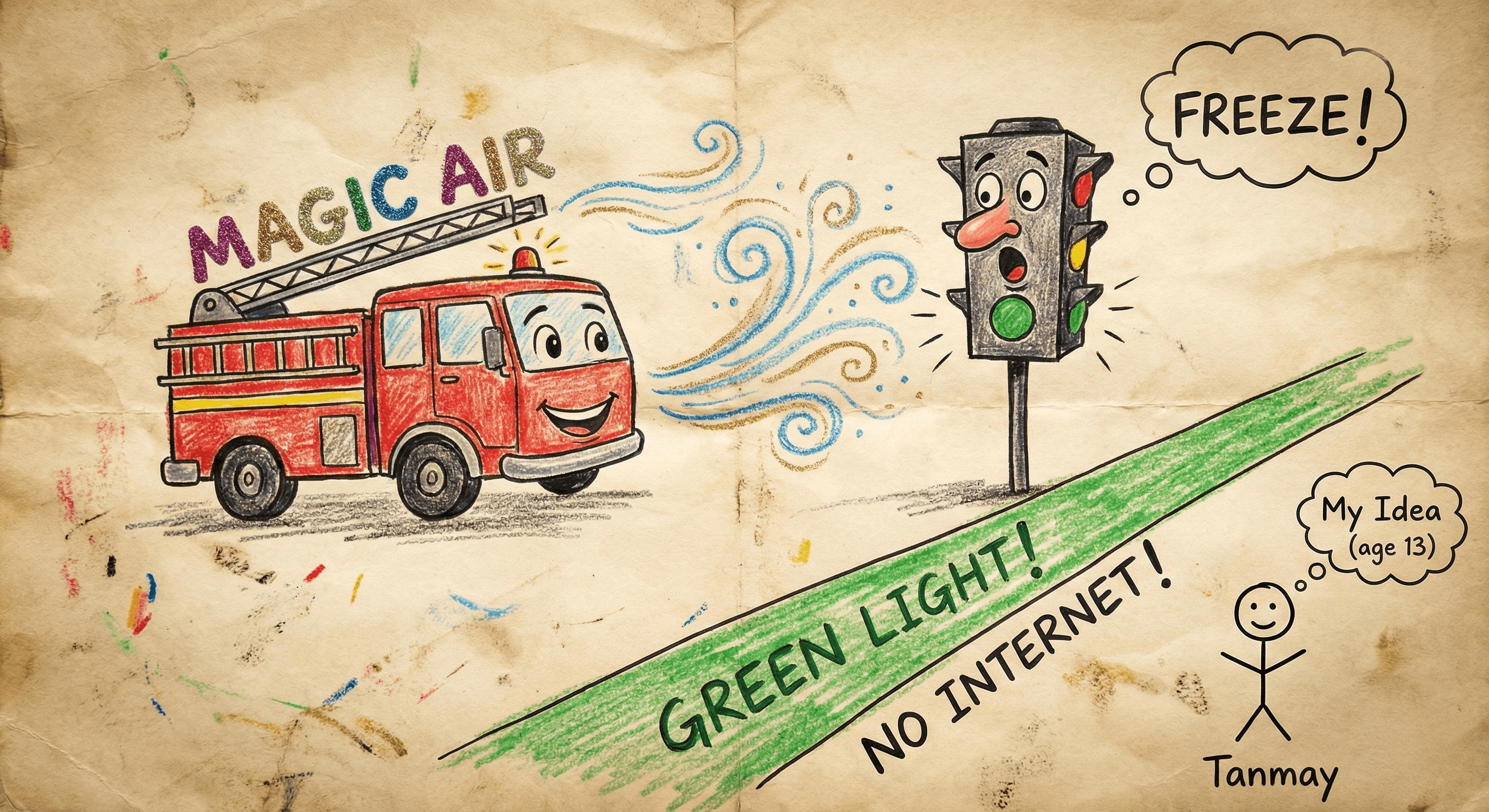 Child's crayon drawing of fire truck concept - the original dream