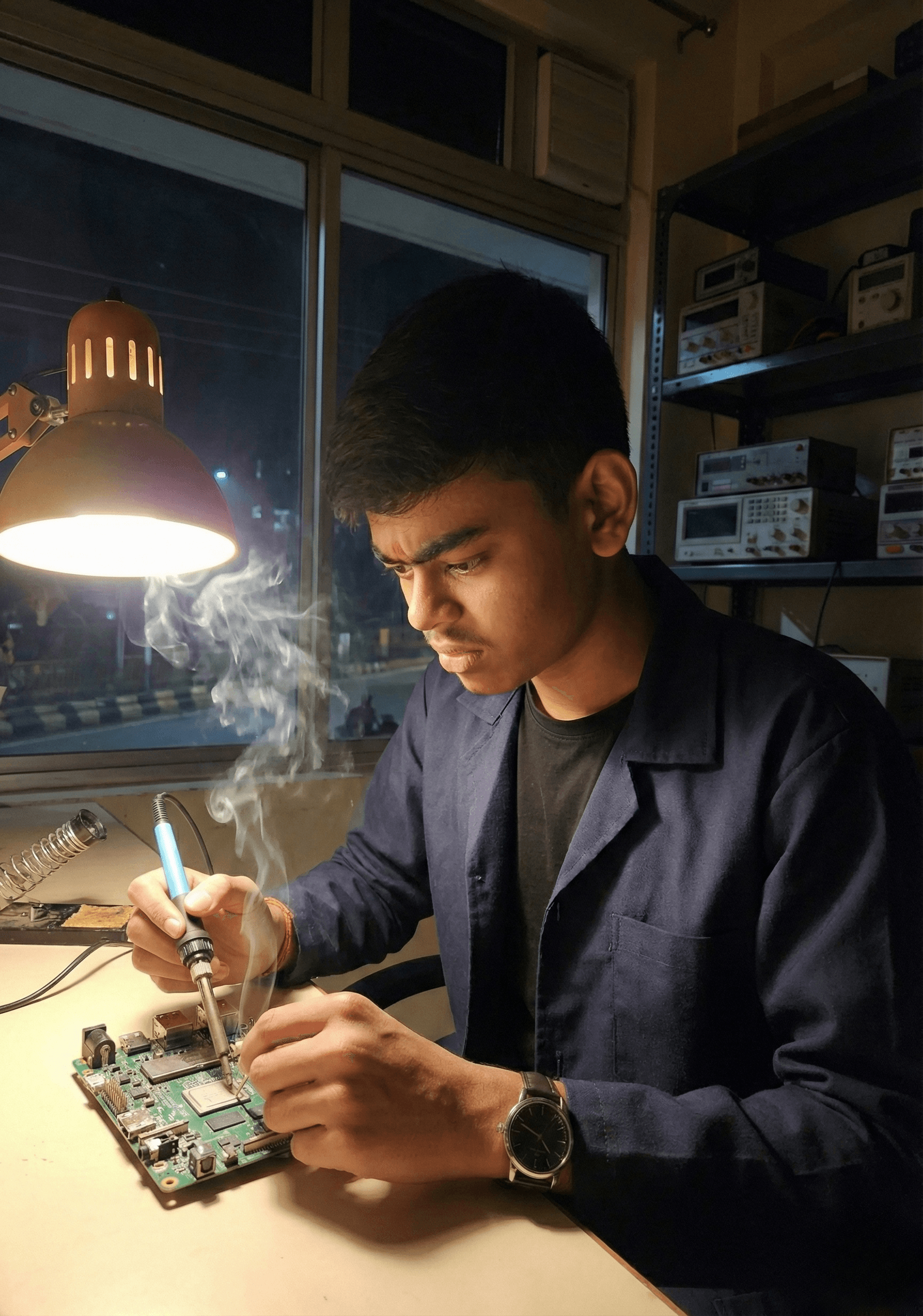 Engineer soldering a PCB at 3 AM - the engineering reality